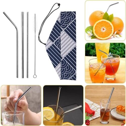 5pcs/Set Reusable Stainless Steel Straight Bent Straws+Cleaning Brush Set Used For Milk Tea And Coffee
