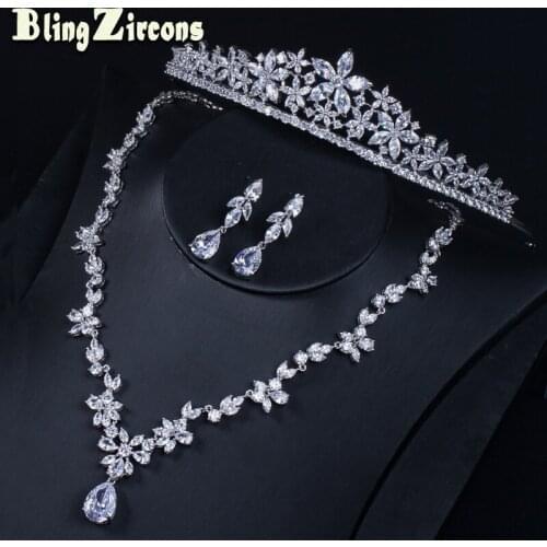 BeaQueen Noble Cubic Zirconia Crystal Wedding Bridal Flower Necklace Earrings Crown Tiara Hair Jewelry Sets for Women JS149