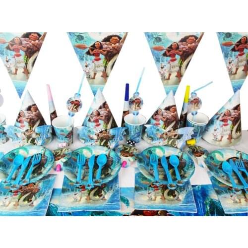 Disney Anime Theme Party Supplies Sea Romance Birthday Decoration Moana Maui Disposable Tableware Paper Cup Hat Straw Fork Knife