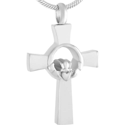 IJD9375 Heart and Crown in Cross Stainless steel Memorial Urn Keepsake Cremation Ashes for Human/Pet Souvenir Jewelry