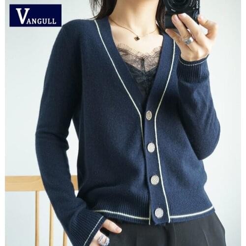 Vangull England Style Solid Women Cardigans 2021 Autumn Knitted Sweater V-neck Long Sleeve Single Breasted Ladies Loose Sweater