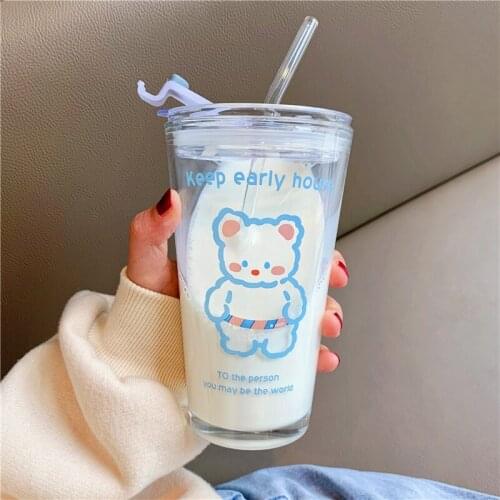 Kawaii Drinking Glass Coffee Mug Bear Creative Transparent Tea Beer Milk Cartoon Water Cups With Straw Lids Birthday Gift