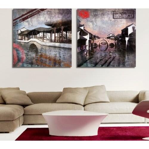 Chinese Canvas Painting Classical Ink Painting Architecture Town Landscape Wall Painting Home Decor Living Room Poster Picture