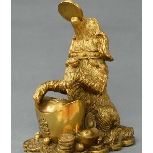 Chinese FengShui old bronze animal dog gold ingot yuanbao money wealth statue