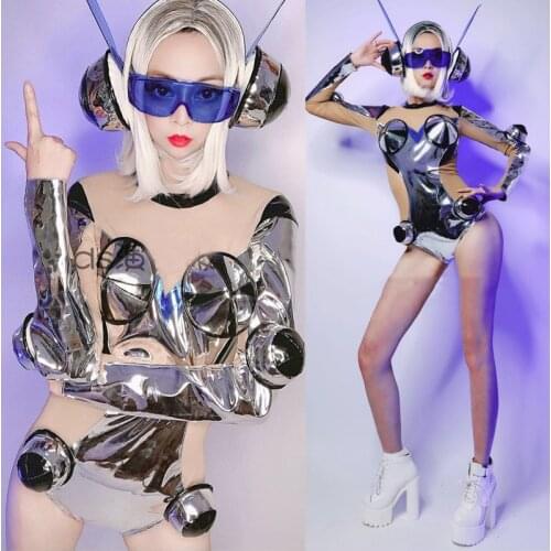 Nightclub Bar DS Performance Wear Future Technology Silver Bodysuit DJ Female Singer Cosplay Clothing Jumpsuit + Headset DWY3433