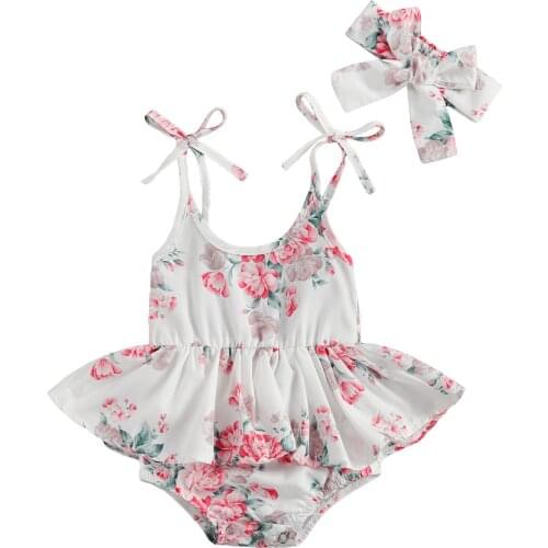 2Pcs Baby Summer Outfits, Floral Print Tied Strappy Sling Dress Romper + Bow Hairband Suit for Toddlers, Girls, 0-24 Months