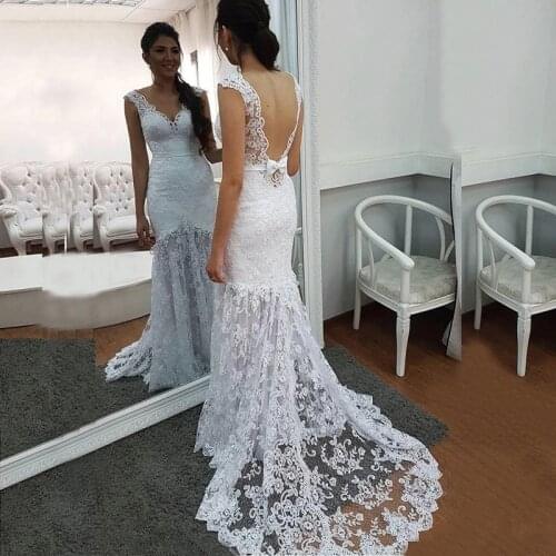 2021 Latest Hot Sale White Lace Mermaid Bridal Wedding Gowns Cap Sleeves Plunge V Neckline Wedding Dresses for Bride Backless
