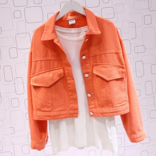 Candy color Harajuku Wild Short Women Jeans jacket Chaqueta mujer Big pocket Loose Casual Female Cowboy coat Veste en jean femme