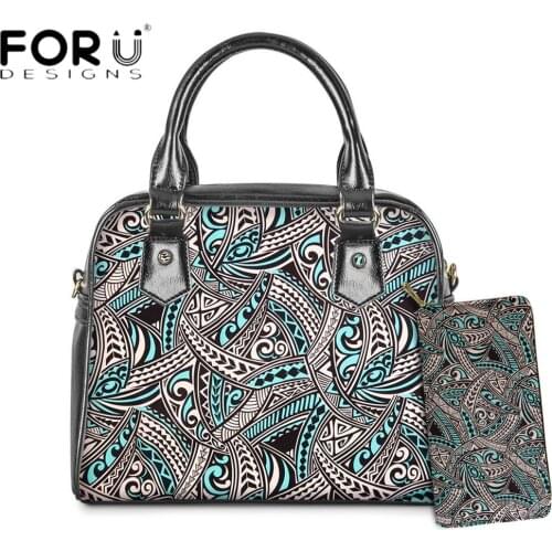 FORUDESIGNS Fashion Style Women Messenger Bag And Purse Set Polynesian Tribal Print Vintage Ladies Luxury PU Top-Handle Bolsa