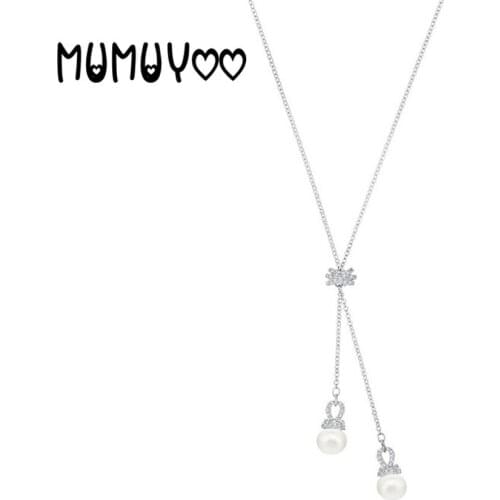 SWA Fashion Jewelry High Quality Charm Y-shaped Pearl Pendant Necklace Female Elegant Pearl Tassel Clavicle Chain