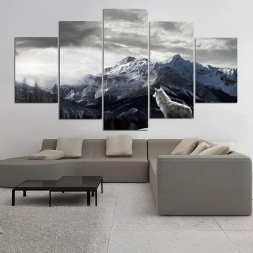 Wall Art Poster HD Prints Modular Picture Canvas 5 Panel The Wolf The Peak Painting Home Decor For Living Room Bedroom Framework