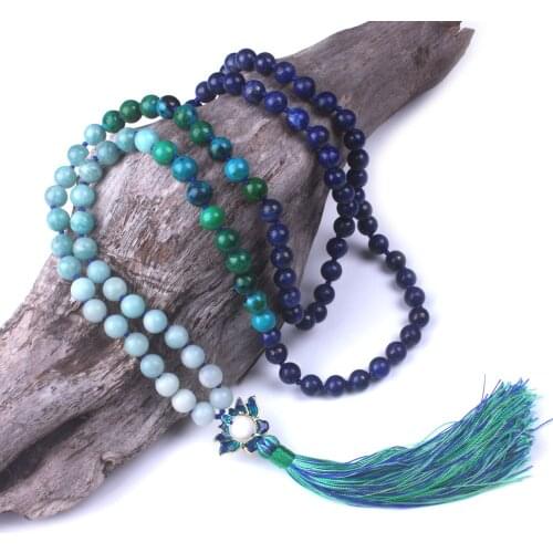 Lapis Lazuli And Amazonite Knotted 108 Mala Lotus Necklace Blue Green Color Yoga Jewelry Tassel Long Necklace Natural Stone