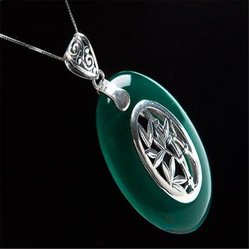 Genuine Natural Thai Silver Green Stone Oval Shaped Fashion Bohemia Thai Silver Stone Women Pendant 42*27*9.5mm Drop Shipping