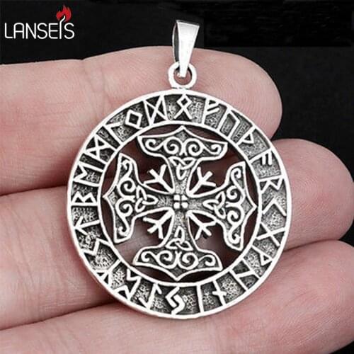 Lanseis 10pcs viking Runes Four Thors Hammer Pendant Dragon Soul Jewelry norse symbol necklace Rune Circle, Amulet pendant
