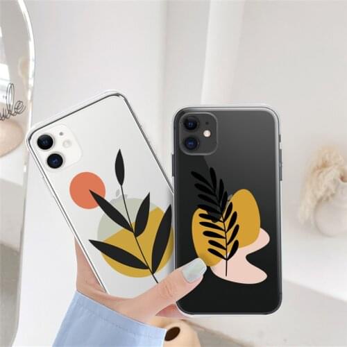 Simple Painted Leaves Phone Case For iPhone 12 11 Pro Max Mini XS XR X 7 8 Plus SE 2020 Soft Transparent TPU Cover Capa