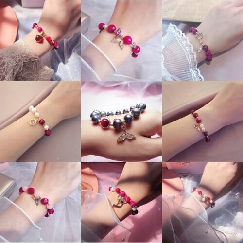 Simple Korean Pearl Tigers Eye Bracelet ins niche design fishtail transfer rose red Vanves stone fox bracelet for women bangles