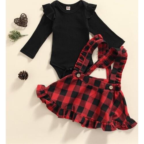 Baby Girl Christmas Clothes Ruffle Long Sleeve Rib Knit Bodysuit Tops + Plaid Suspender Skirt 2 Piece Set for 0-18 Months
