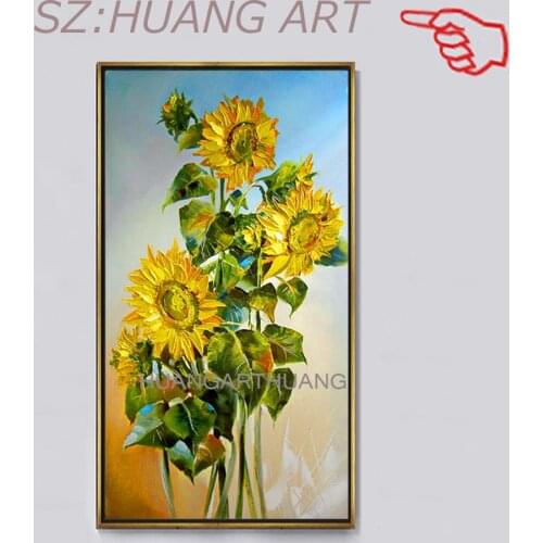 Handpainted Free Shipping Pictures High quality knife Sunflower Flowers Art Oil Painting on Canvas Wall Stickers Home Decor