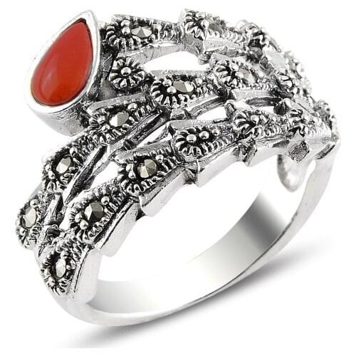 Silver 925 Sterling Red Agate & Marcasite Ring