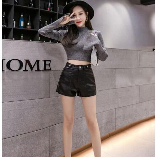 GGRIGHT Zipper High Waist Wide Leg Biker Shorts Autumn PU Leather Shorts Women Embroidery Casual Ladies Shorts Skirts Black