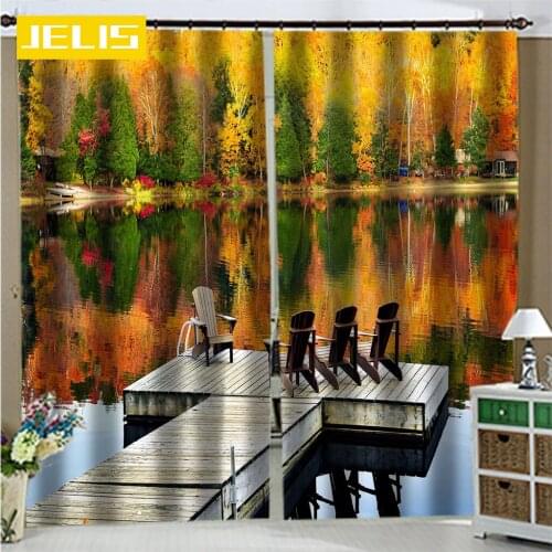 Lakeside Maple Forest Scenery Printed Blackout Curtains for Living Room Bedroom Kitchen Backdrop Curtains Home Decor Custom Made