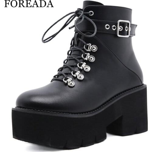FOREADA Goth Style Woman Motorcycle Boots Winter Platform Thick Heel Shoes High Heel Round Toe Zipper Ladies Ankle Boots Punk 43