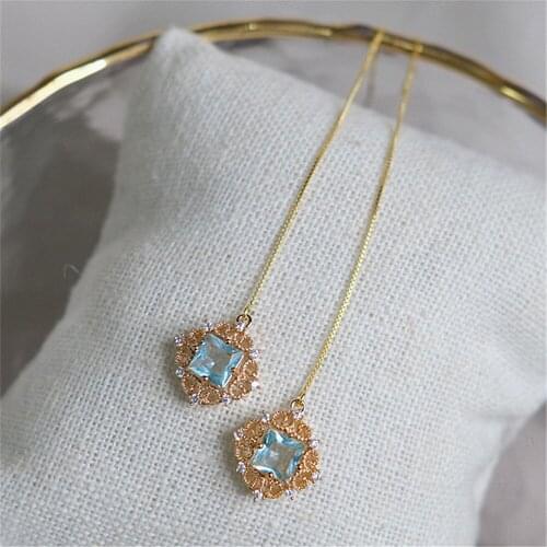 Vintage Royal Court Design Real Pure 925 Sterling Silver Blue Zircon Lace Long Chain Earrings Women Wedding Bridal Party Jewelry