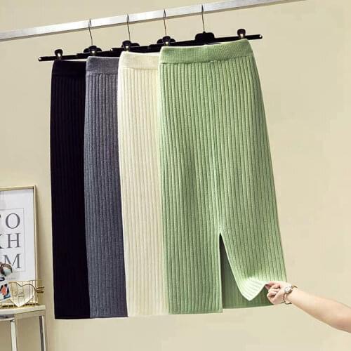 Womens Straight Knitted Skirts Solid Basic Ladies Elastic High Waist Pencil Skirt 2021 Autumn Winter Elegant Party Long Skirt