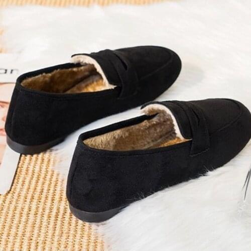 2021 Women Loafers Suede Leather Winter Plus Velvet Warm Flat Shoes Ladies Slip on Moccasins Casual Female Mom Walking Shoes