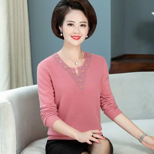 Women Autumn Pure 100% Cashmere Sweater Elegant Middle Aged Mother Wool V-Neck Sweater Pullover Free Shipping