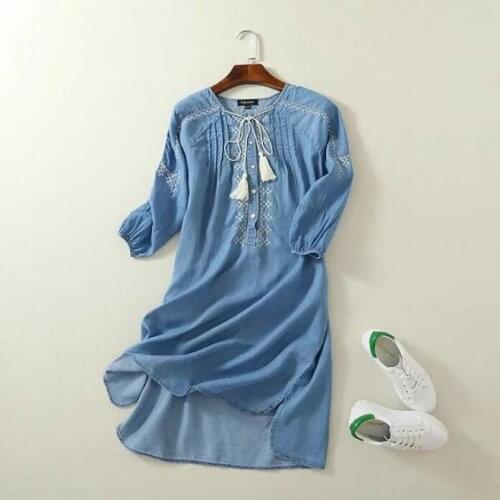 Womens spring summer embroidery denim dress female casual loose plus size shirt dress TB870