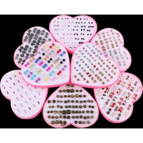 1Set 36 Pair Multicolor Cryatal Cartoon Hypoallergenic Plastic Stud Earrings Set For Women Girl Wedding Christmas Gifts Jewelry