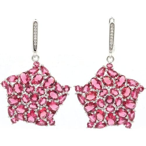 61x31mm SheCrown Deluxe Long Big Heavy 20g Created Pink Raspberry Rhodolite Garnet For Women Dating Silver Earrings