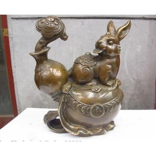 Bi002146 Chinese Folk Fengshui Bronze Gourd Lucky Ru yi Wealth Money Rabbit Statue