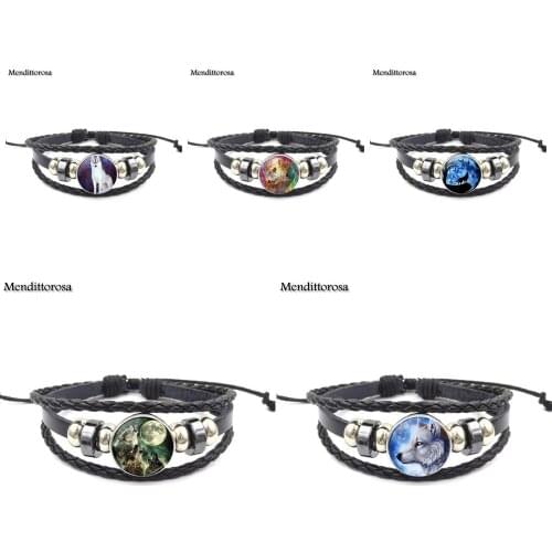 Mendittorosa Moon Wolf Howling Jewelry Glass s Black Leather Bracelet Bangle Bijouterie