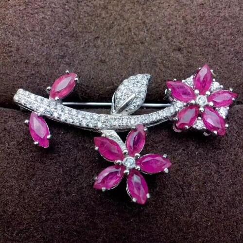 Natural red ruby Elegant Leaf brooch Pendant natural gemstone Branch brooch Two uses S925 silver women girl party gift jewelry