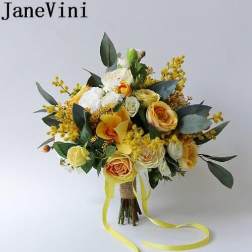 JaneVini Silk Flower Yellow Bouquet for Brides Artificial Outside Wedding Bunch of Flowers Bridal Bouquets Rose Leaf Flores Boda