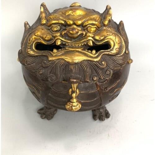Home Decor 6" Tibet Buddhism Temple Old Bronze Gilt Lucky Beast Pi Xiu Statue Incense Burner Poodle Incense Burner Incense