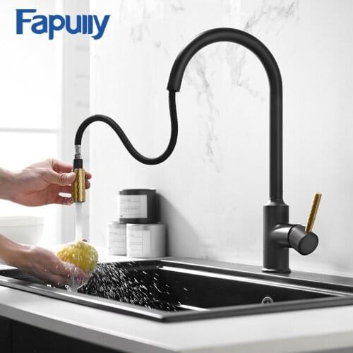 Fapully Brass Kitchen Faucets Crane For Kitchen Matte Black Gold Double Outlet Water Tap Sink Mixer Kitchen torneira 1076-33BG
