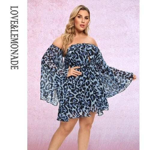 LOVE&LEMONADE PLUS SIZE Sexy Tube Top Blue Leopard Print Chiffon Flared Long Sleeve A-Line Mini Dress LM30035PLUS