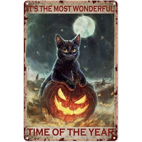 Pumpkin Wall Decor Black Cat Pumpkin It is The Most Wonderful Time of The Year Tin Sign Decoration Vintage Metal Poster Tin Sign