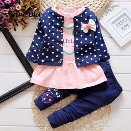 BibiCola New Spring Kids 3pcs Clothing Sets fashion girls cartoon clothes set Polka Dot jacket +long sleeve shirt+pant suit set
