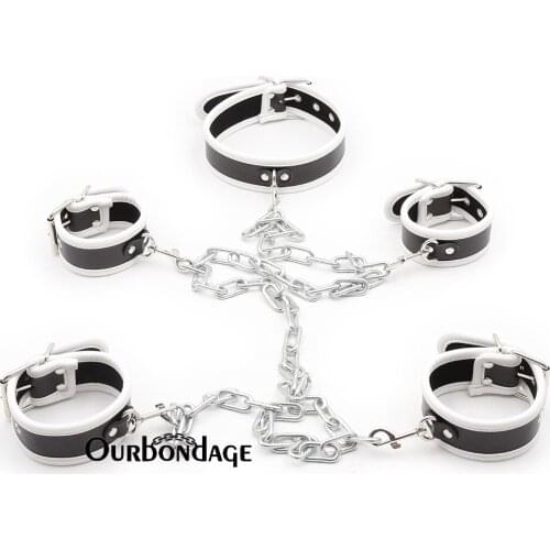 Ourbondage 3 Color Lining PU Leather BDSM Bondage Wrist Ankle Cuffs Collar With Heavy Chain Restraints Set For Adult Sex Toys