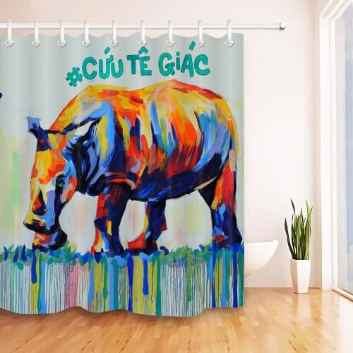 72'' Bathroom Waterproof Fabric Shower Curtain Polyester 12 Hooks Bath Accessory Sets Graffiti Art Rhinoceros Painting On Wall