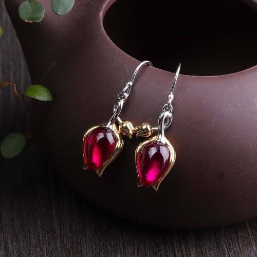 S925 pure silver jewelry fashion handmade design ladies tulips red corundum set ornaments