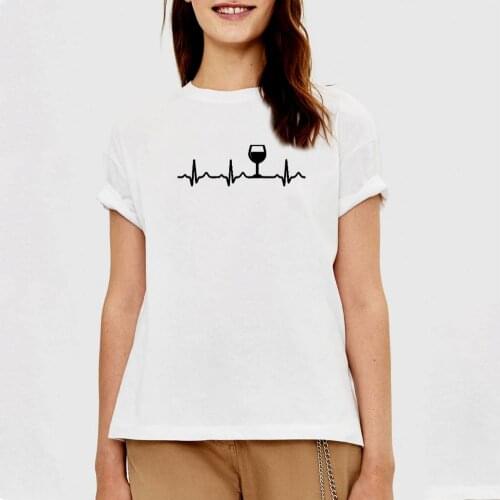 Heartbeat Wine Graphic Tee Shirt Femme Short Sleeve O-neck Cotton T Shirts for Women Black White Loose Tshirt Women Top
