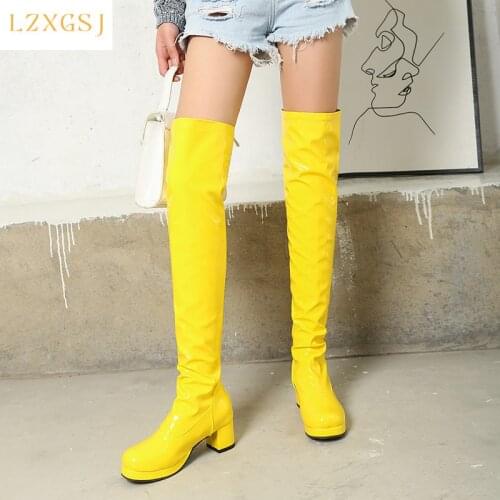Fashion Women High Boots 2021 New Patent Leather Thigh High Famale Boots Round Toe High Heels Over The Knee Boot Plus Size 43