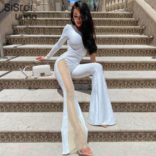 Elegant Mesh Patchwork Streetwear Jumpsuit Women One Shoulder Backless Birthday Vacation Activewear Wide Leg Flared Y2K Jumpsuit