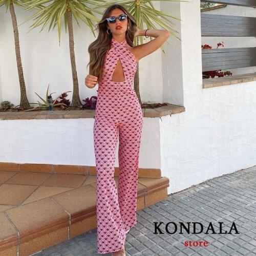 KONDALA Za 2021 Chic Pink Geometric Print Sexy Women Jumpsuits Halter High Waist Wide Leg Pants Beach Bodysuits Female Backless