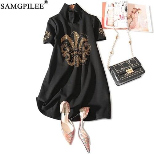 Women Dresses Autumn 2020 Office Lady A-line Solid Short Sleeve Diamonds Plus Size Women Dress Empire Turtleneck Dress For Women